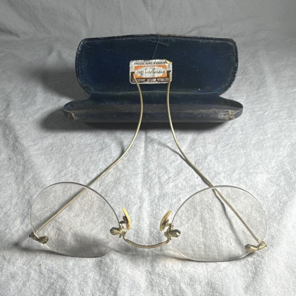Vintage Bausch & Lomb 12K Gold Filled Rimless Glasses Soft-Lite Lenses 1930s
